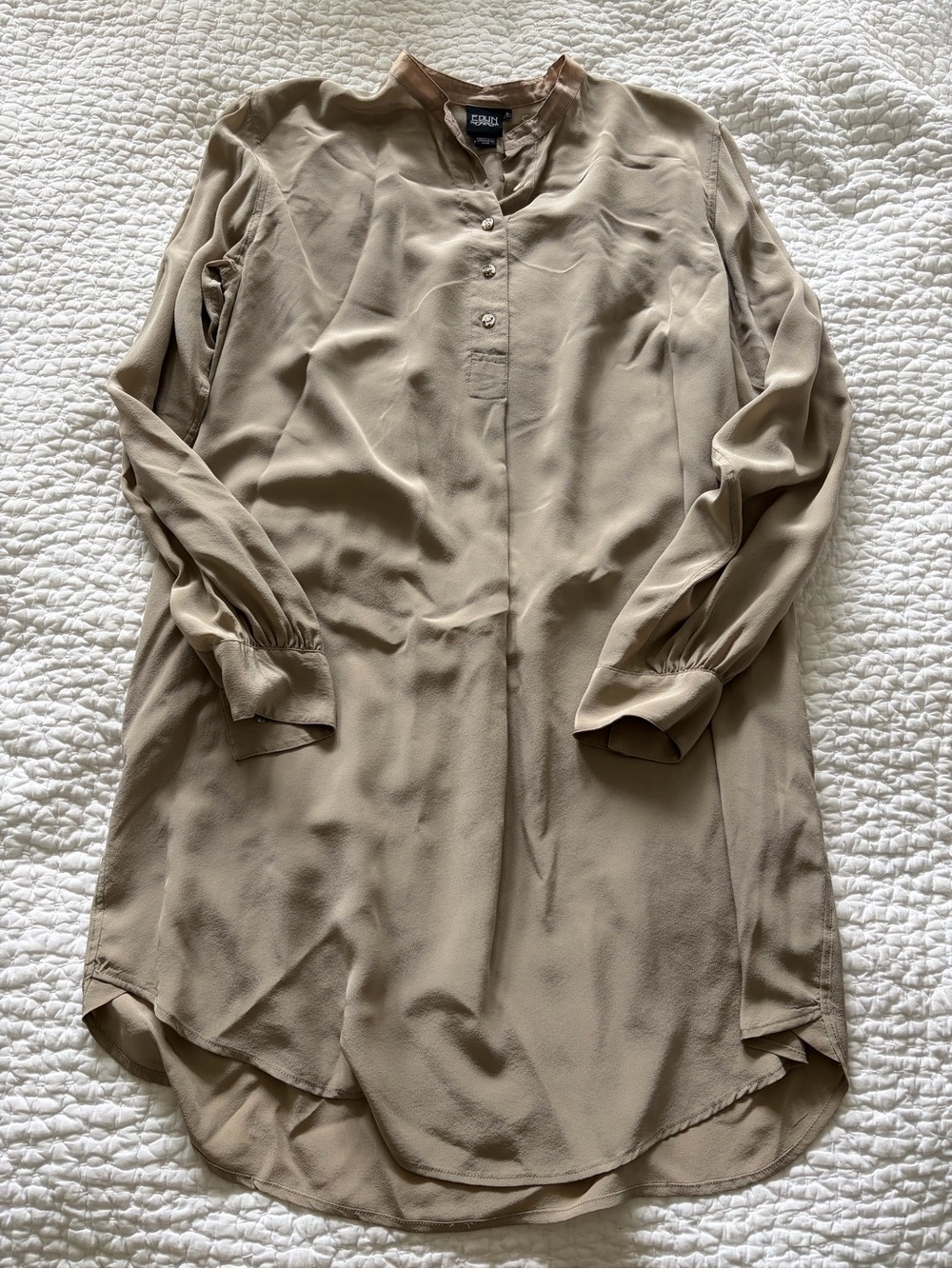 Vintage EDUN Women's Silk Long-Sleeve Button-Down Tunic Shirt or Dress - Beige